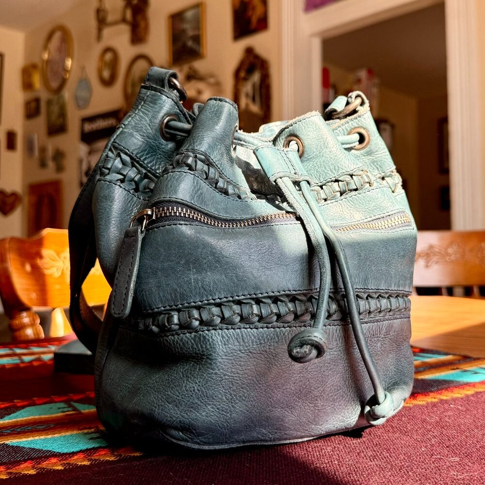 Vilenca Holland Anthropologie Boho Blue Leather Crossbody Woven Drawstring Bag